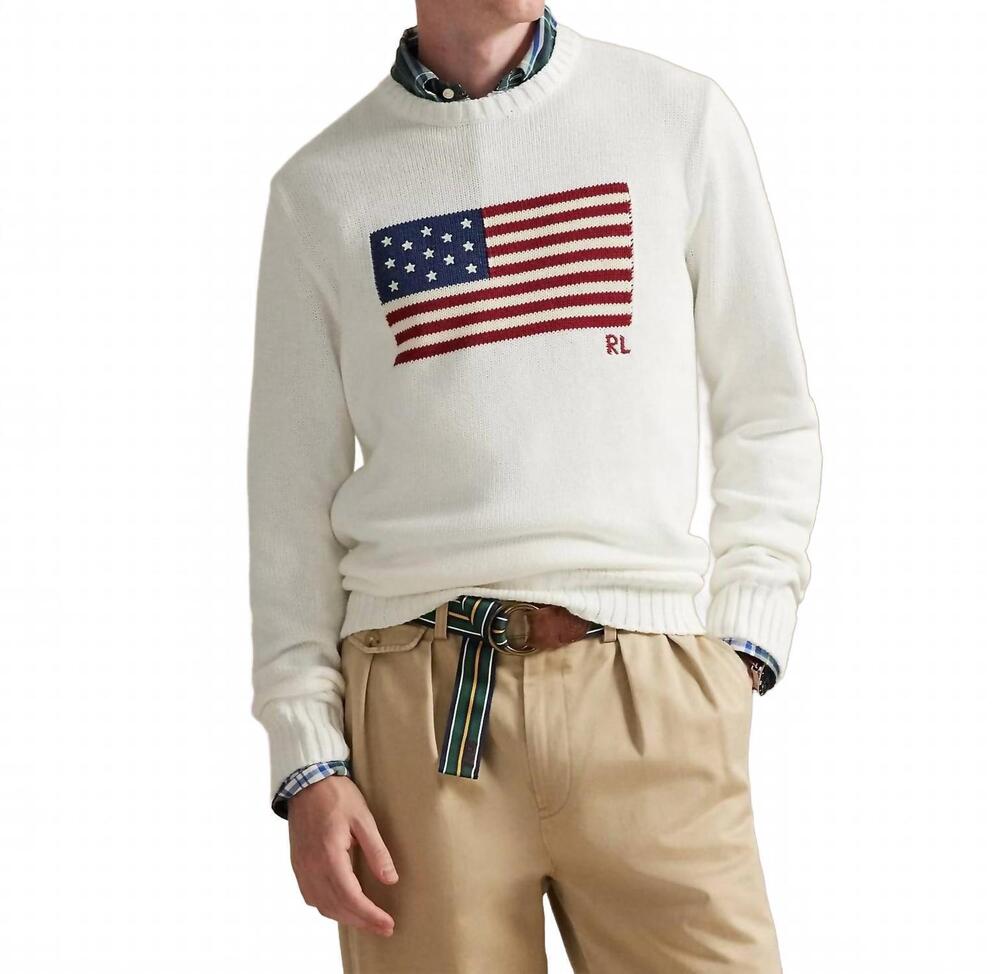 NEW POLO RALPH LAUREN iconic flag sweater in deckwash white